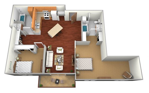 Floor plan for 2 beds, 2 baths, 1102 sqft